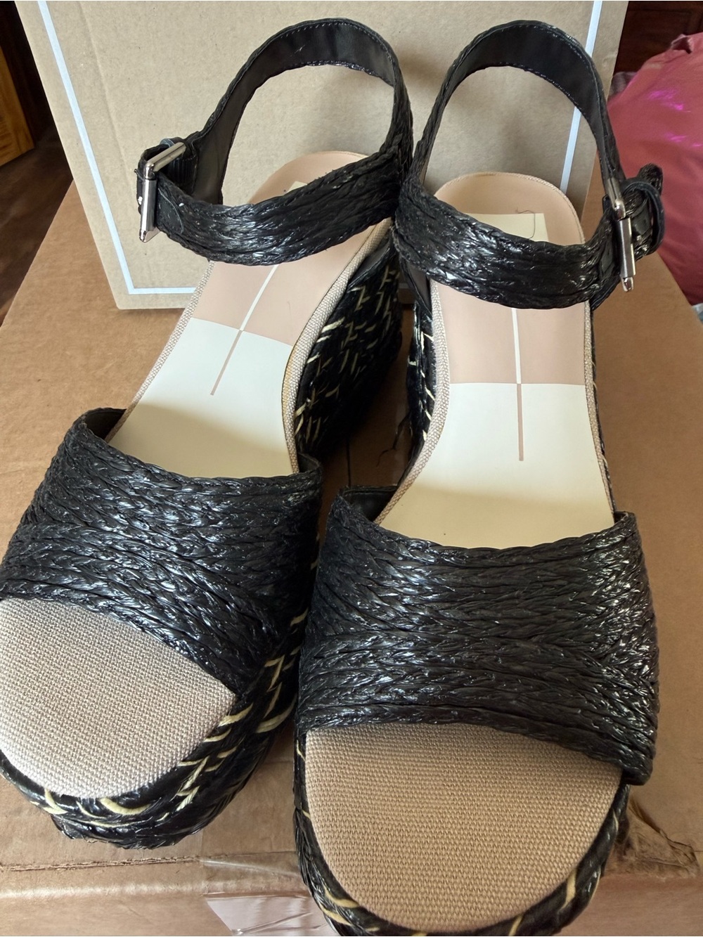Dolce Vita Black Woven Platform Ankle-Strap Sandals